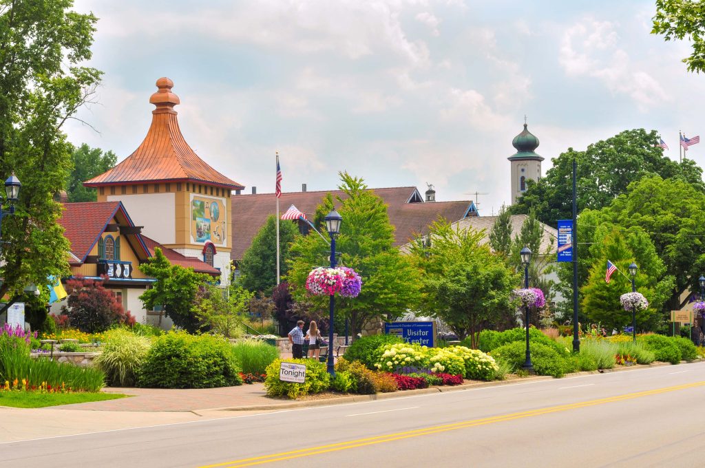 FRANKENMUTH, MI - JUNE 28, 2014: Bavarian-style architecture is one of the main attractions in this Michigan town known best for Christmas and German food. In view: the visitor center on Main Street.